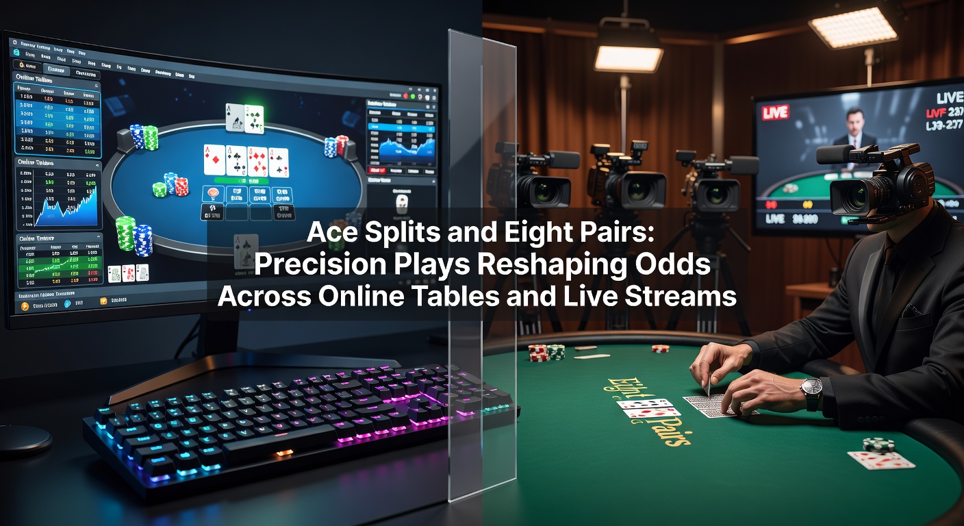 A close-up view of a blackjack table where a player splits a pair of aces, with chips placed on each new hand and the dealer awaiting the next card