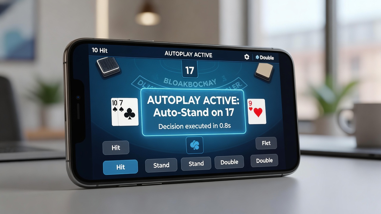 Smartphone screen showing blackjack autoplay settings with timer indicators and decision prompts