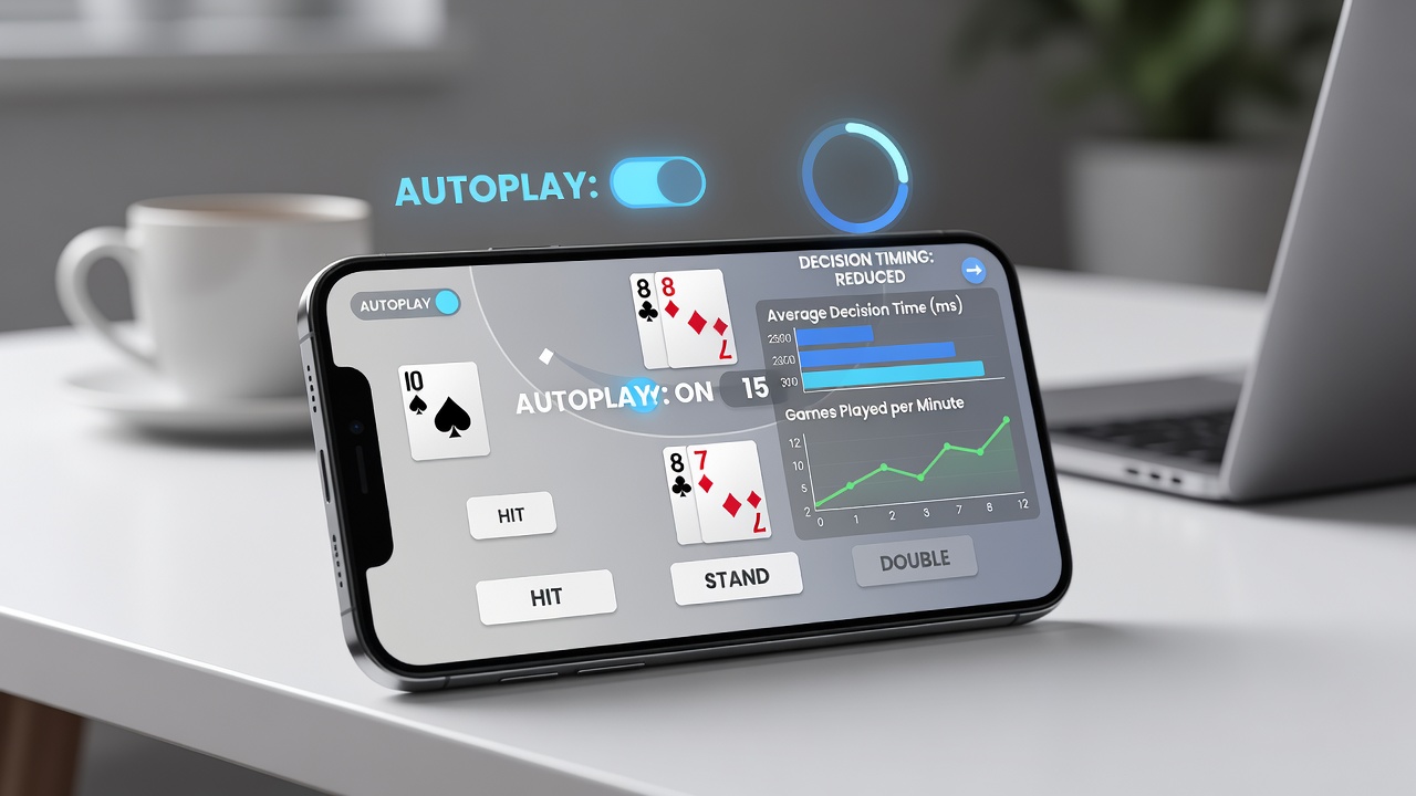 Close-up of smartphone blackjack table with autoplay toggle active and countdown timer visible