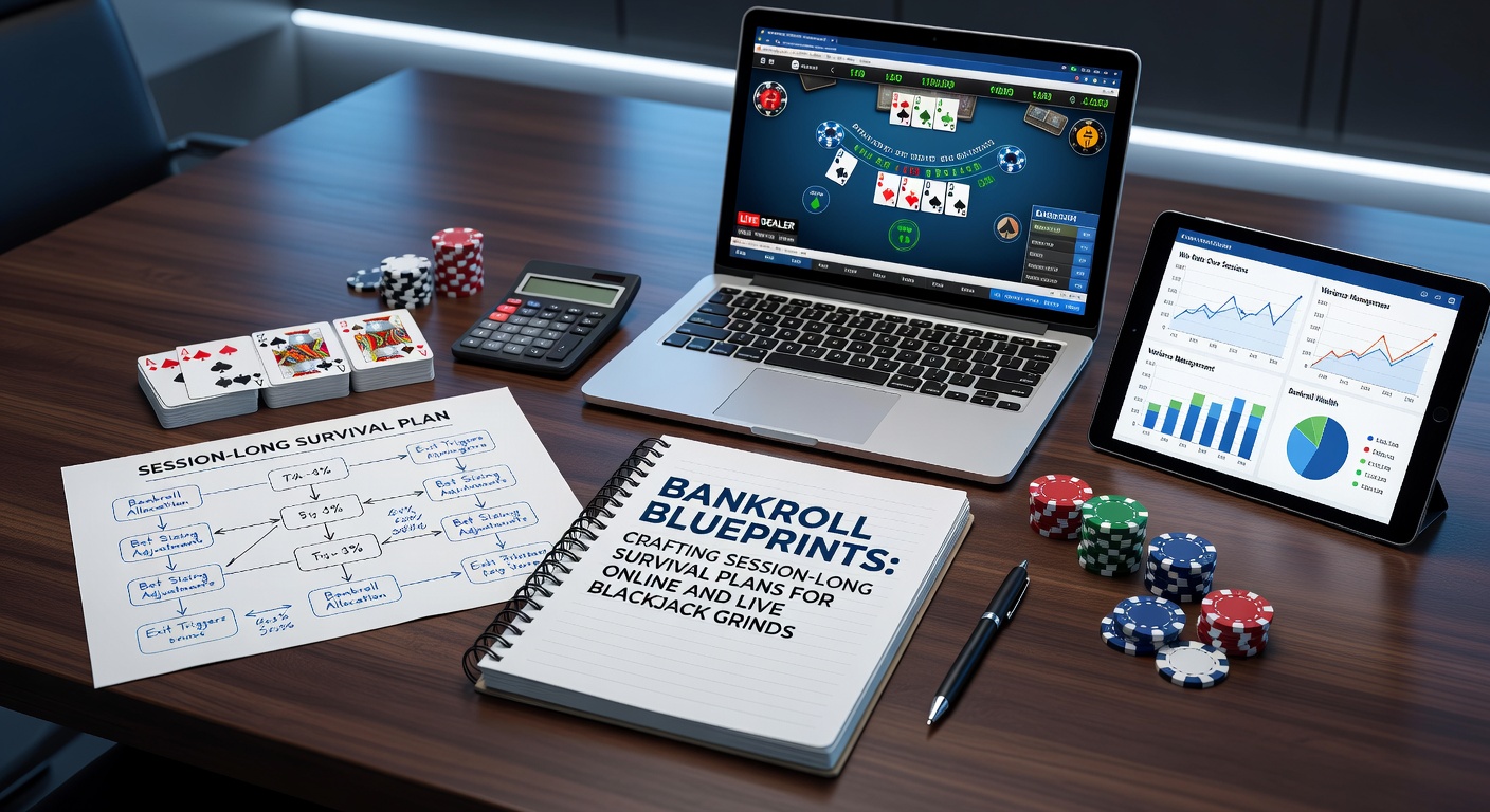 A detailed flowchart illustrating bankroll allocation strategies for blackjack sessions, showing unit sizing, risk limits, and progression paths across online and live formats