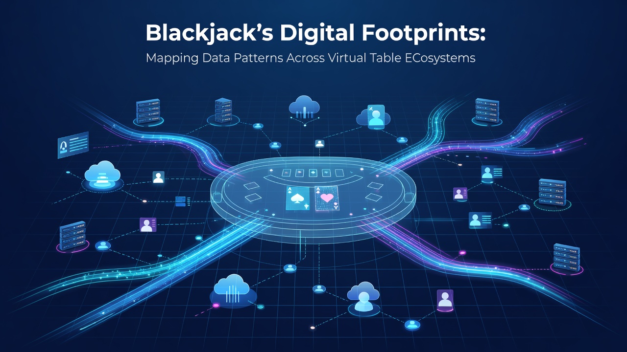 Digital visualization of blackjack data patterns across virtual tables showing interconnected nodes and player activity flows