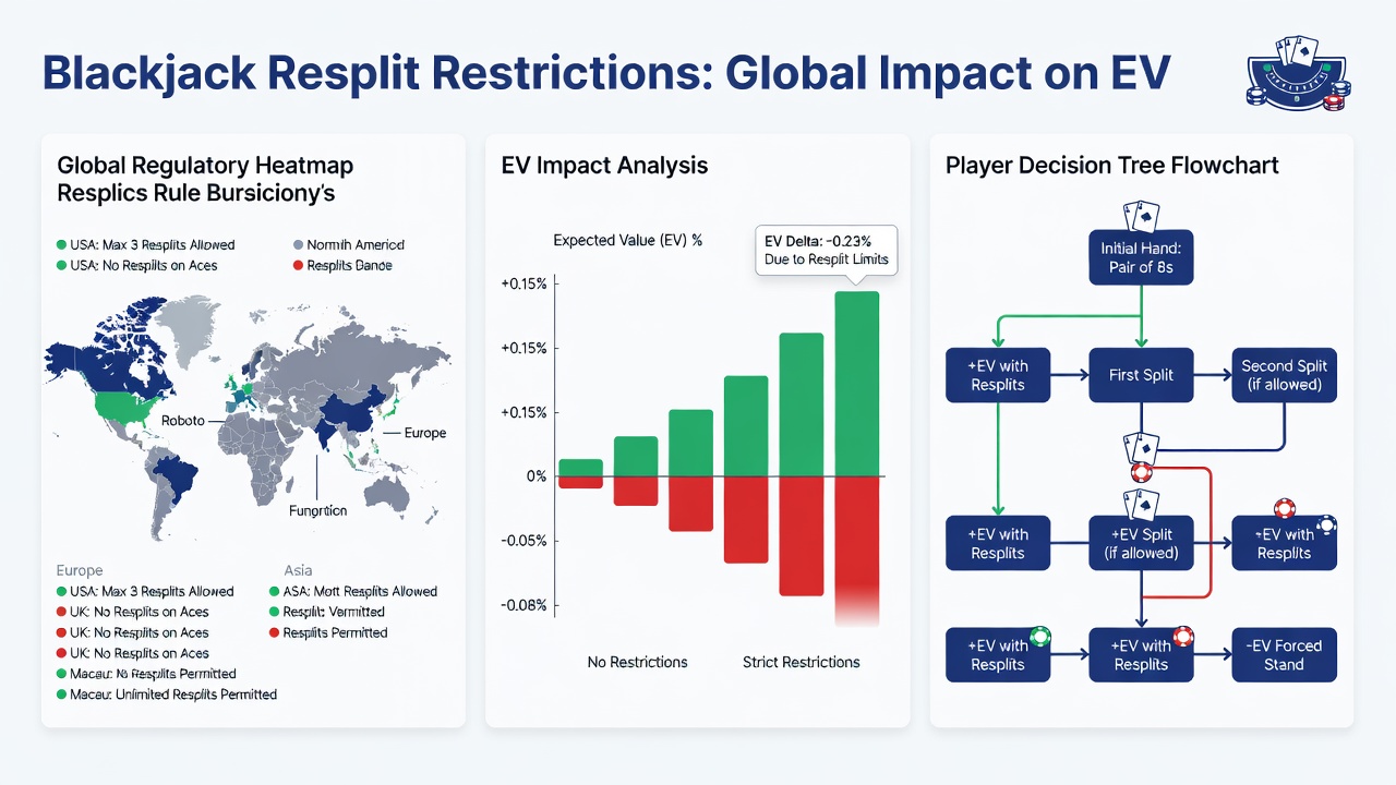 Statistical chart comparing expected value changes under different blackjack resplit rules across regions