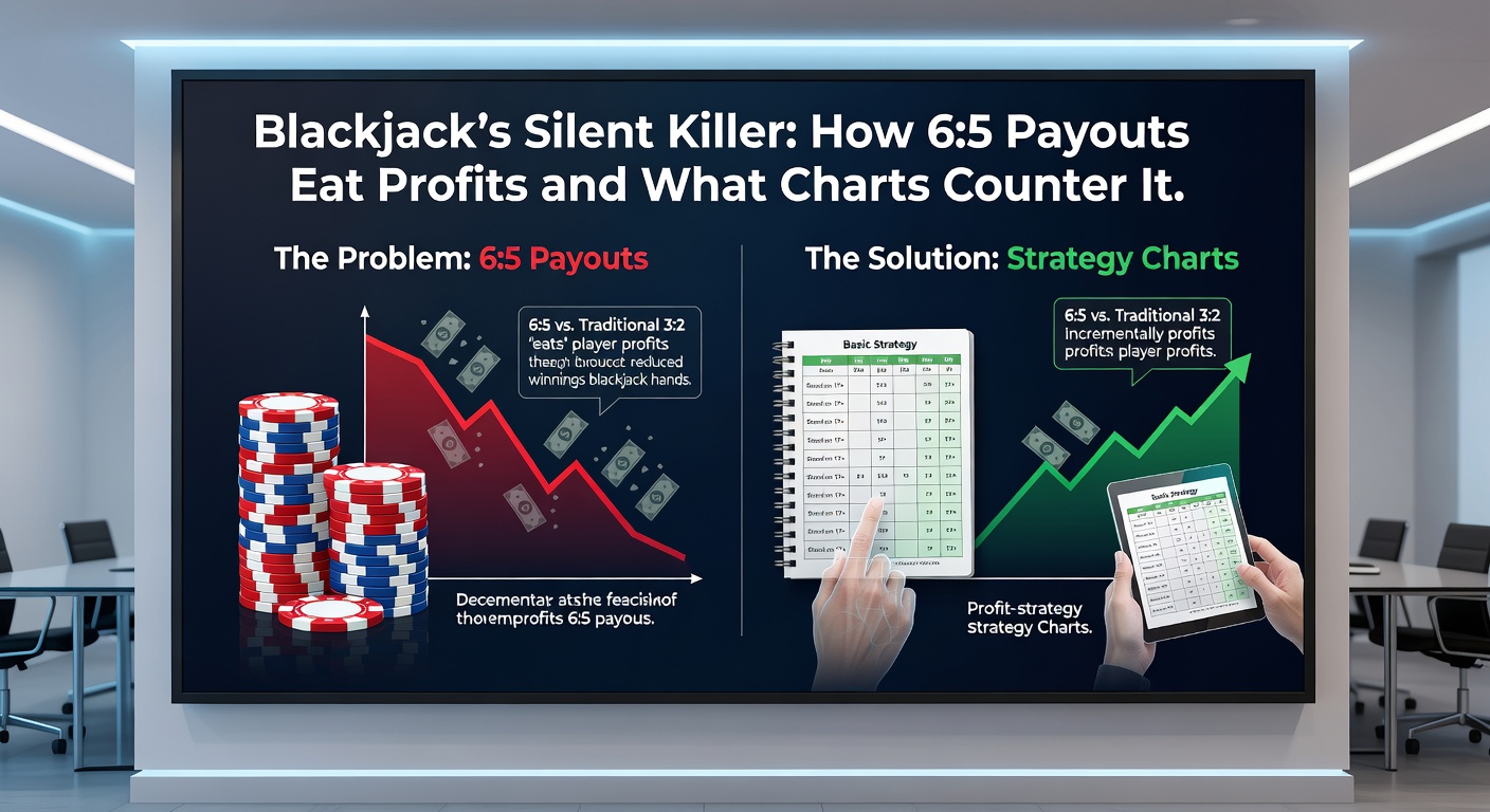 Detailed blackjack strategy chart illustrating adjusted plays for 6:5 payout games versus standard 3:2 rules