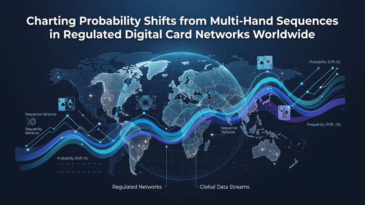 Digital card network interface displaying multi-hand sequence probability tracking across regulated platforms