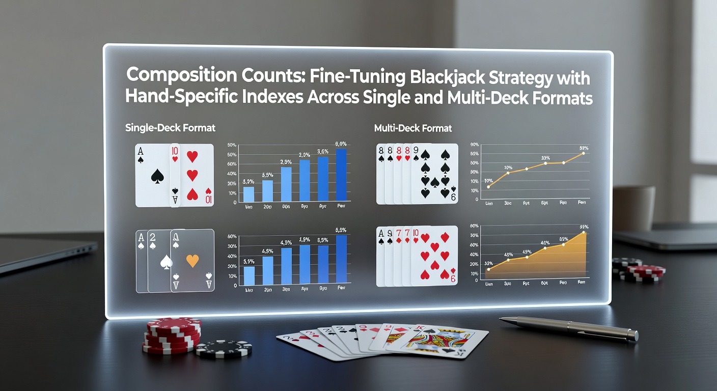 Close-up of blackjack hands on a green felt table, highlighting specific card combinations like 10-6 versus 9-7 against a dealer upcard, with chips stacked nearby under casino lights
