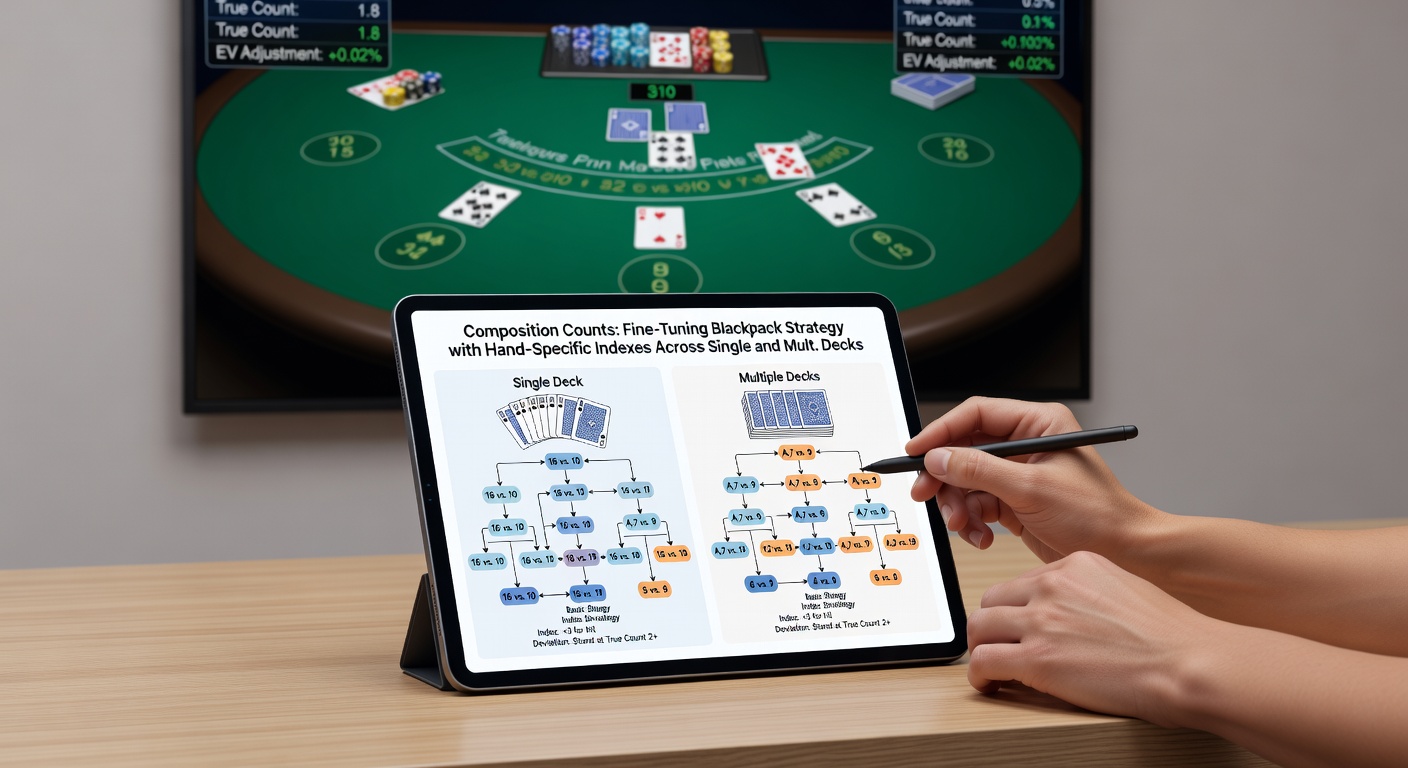 Digital chart displaying hand-specific index numbers for multi-deck blackjack, with columns for true counts and rows for various 16 compositions against dealer 10, overlaid on a simulated casino interface