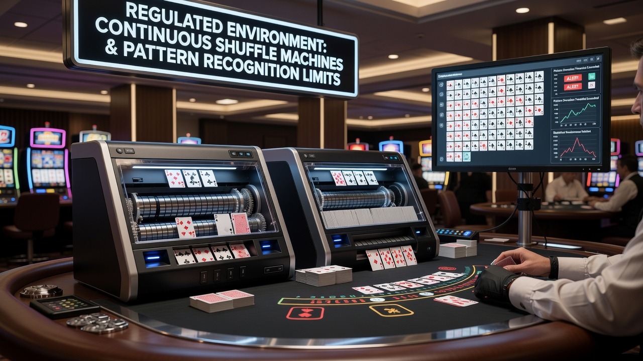 Close-up view of cards entering a continuous shuffle machine during live casino operation