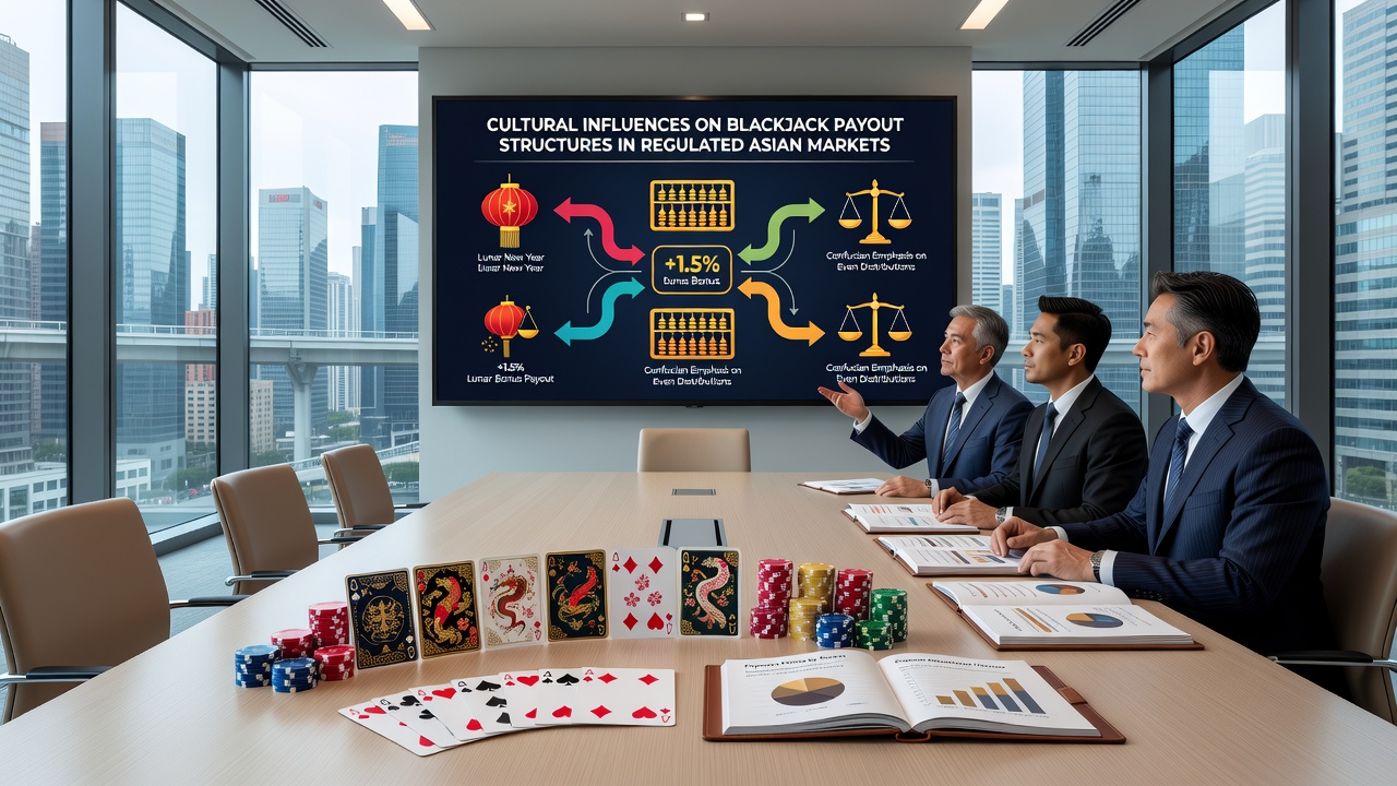 Diverse group of players at an Asian blackjack table discussing strategy