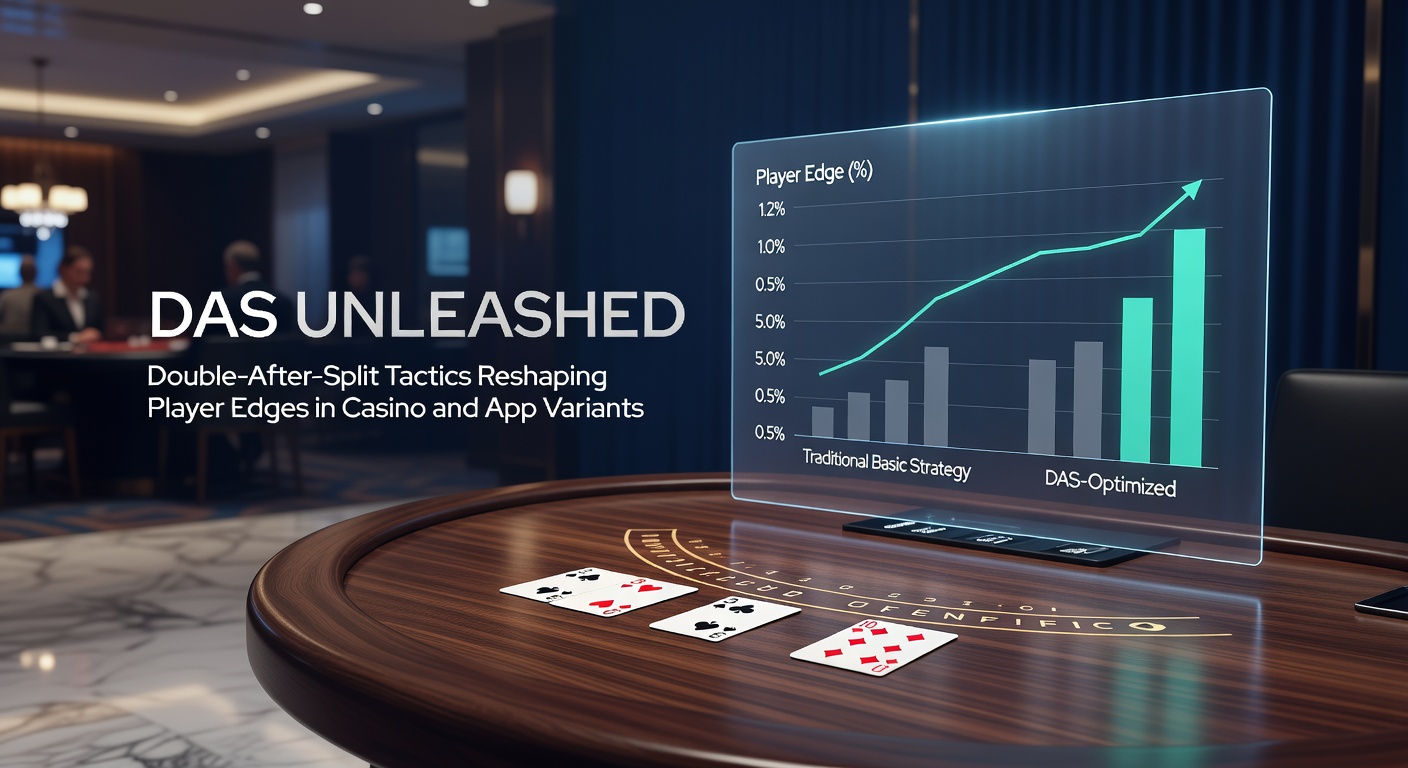 Digital blackjack interface on a mobile app displaying a split pair of sixes against dealer five, with double-down buttons active for both hands under DAS permissions