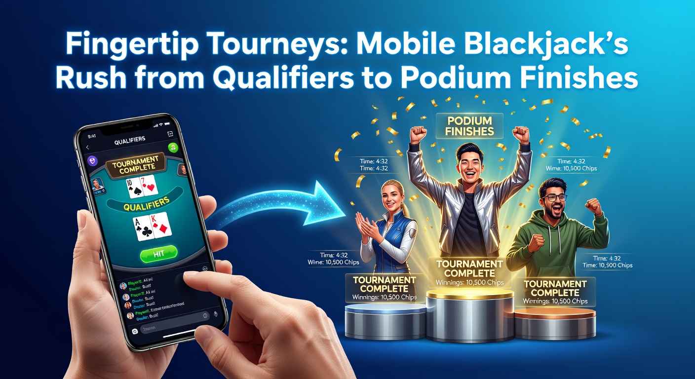 A player intensely focused on a mobile blackjack tournament screen, chips stacking up during qualifiers