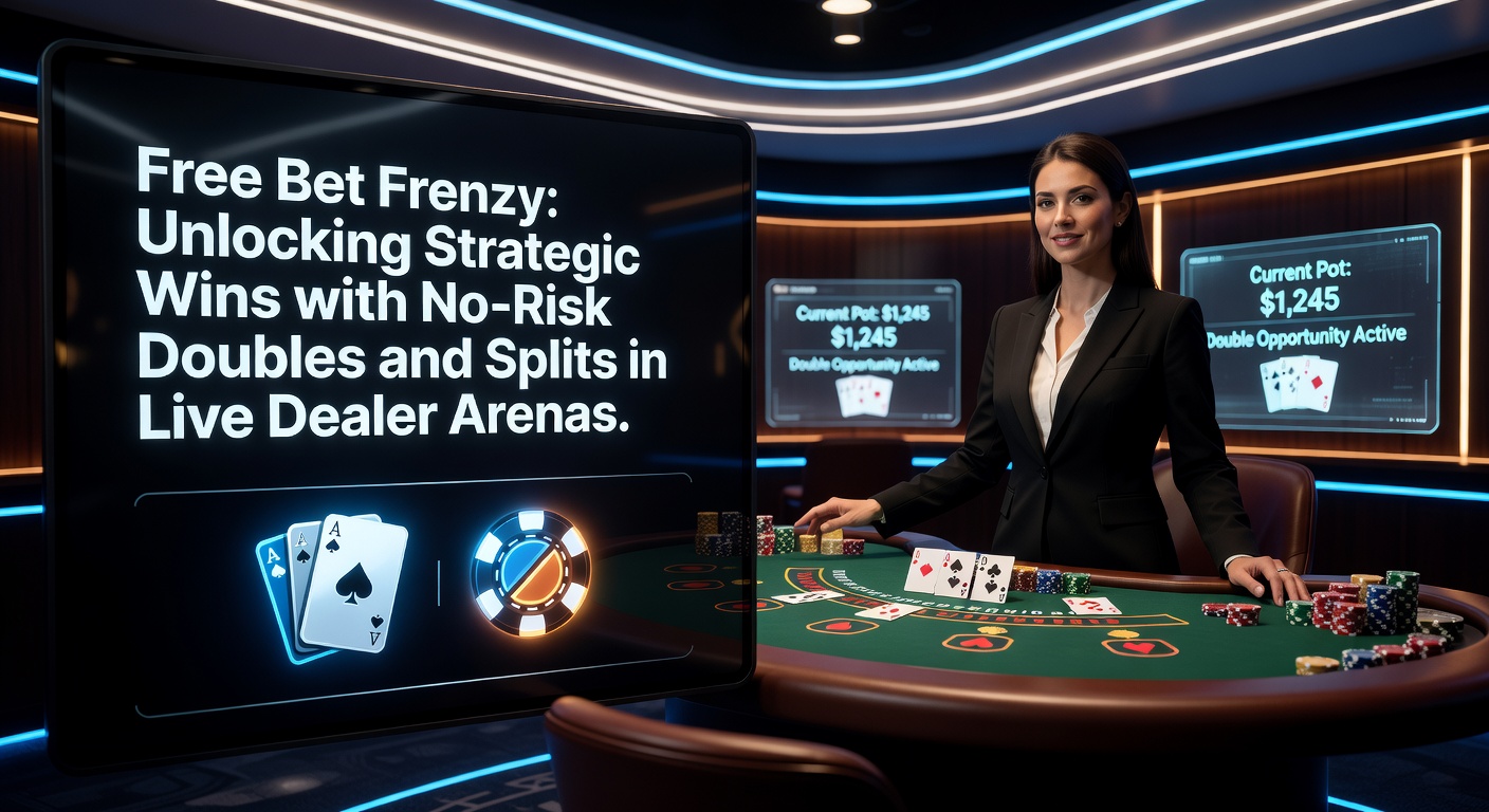 Live dealer table in Free Bet Blackjack with free double and split icons highlighted on the screen, showing a player mid-action during a high-stakes hand