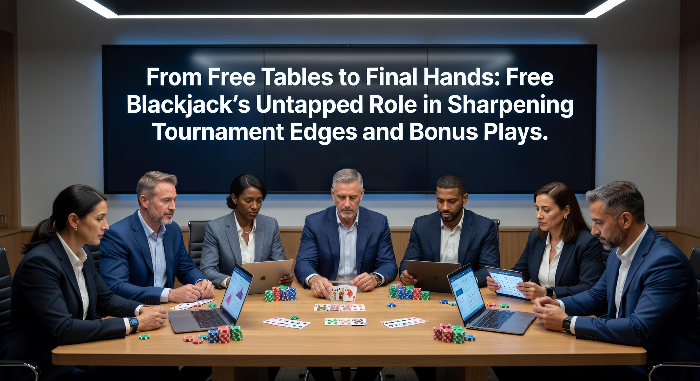 A player intently practicing blackjack strategies on a free demo table, chips stacking up virtually without financial risk