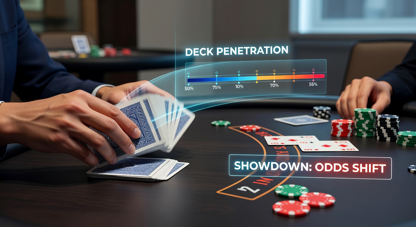 A blackjack dealer shuffling cards in a casino, illustrating deck preparation before play begins