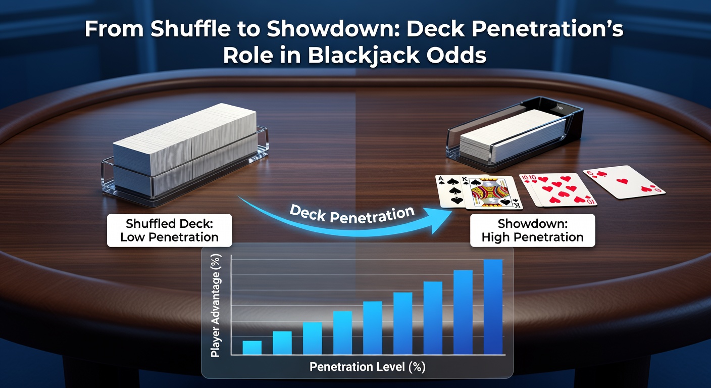 Close-up of a blackjack shoe with a cut card inserted deep into the decks, showing high penetration during a live game