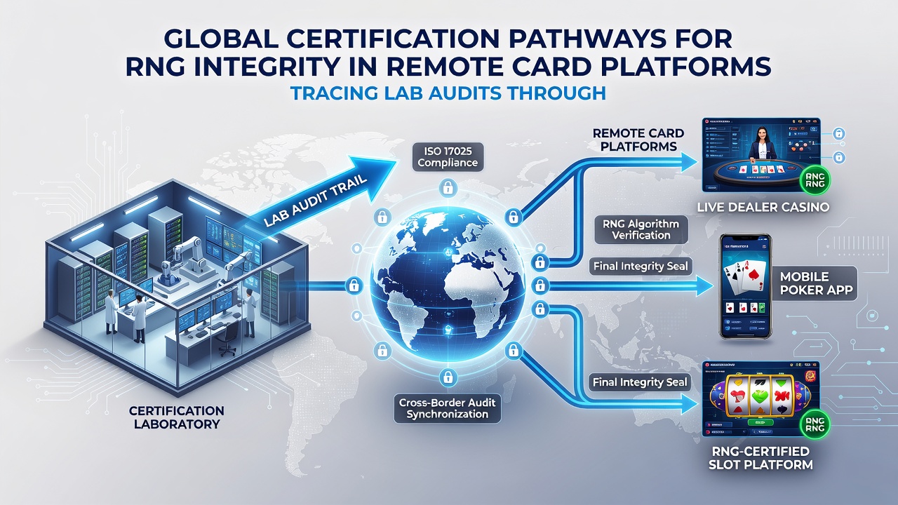 Regulatory officials reviewing jurisdictional approval documents for RNG-certified remote card platforms with compliance checklists visible