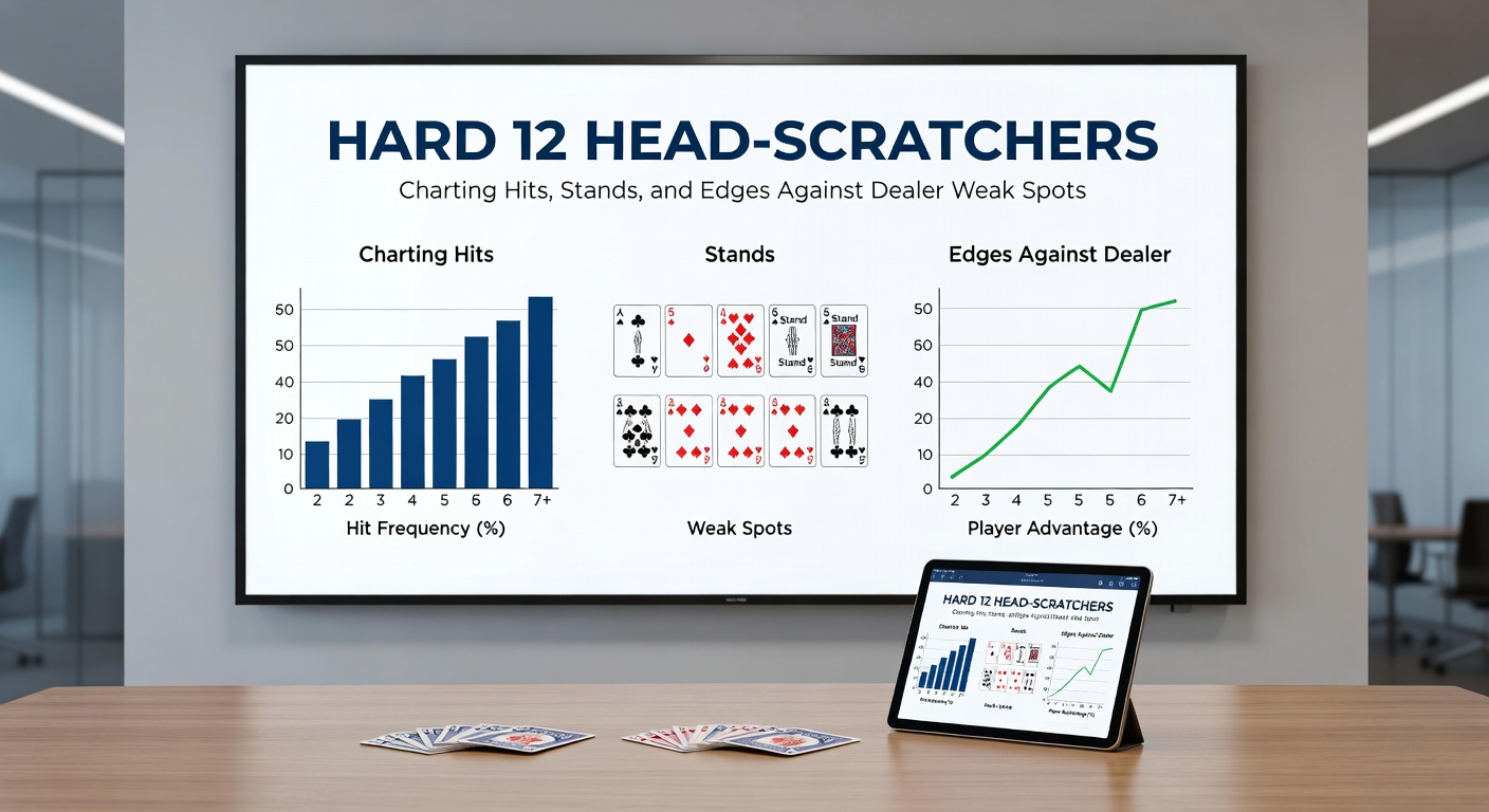 Close-up of a blackjack table displaying a player's hard 12 hand against a dealer's weak upcard, highlighting the hit-or-stand dilemma with chips and cards in focus