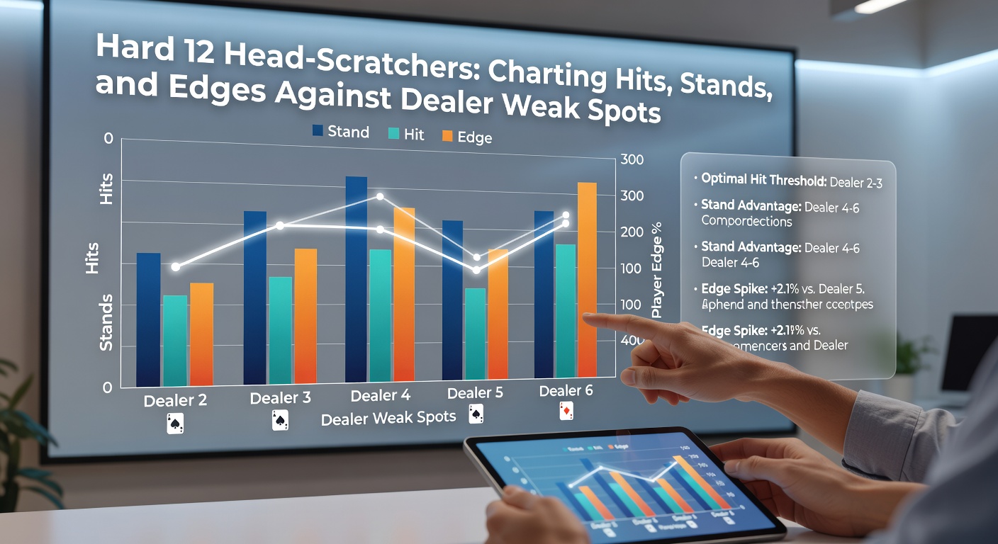 Strategy chart excerpt zooming on hard 12 rows, color-coded for hit/stand against dealer upcards 2-6, with probability overlays