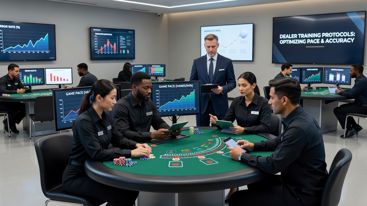 Live casino dealer managing cards at a blackjack table with multiple players observing the action