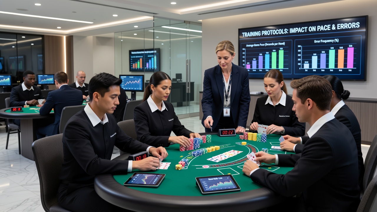 Casino training session with dealers practicing card handling techniques under instructor supervision