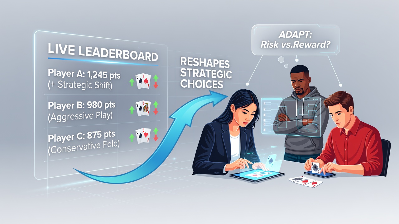Mobile app interface showing real-time leaderboard rankings during a card tournament with player positions and scores displayed