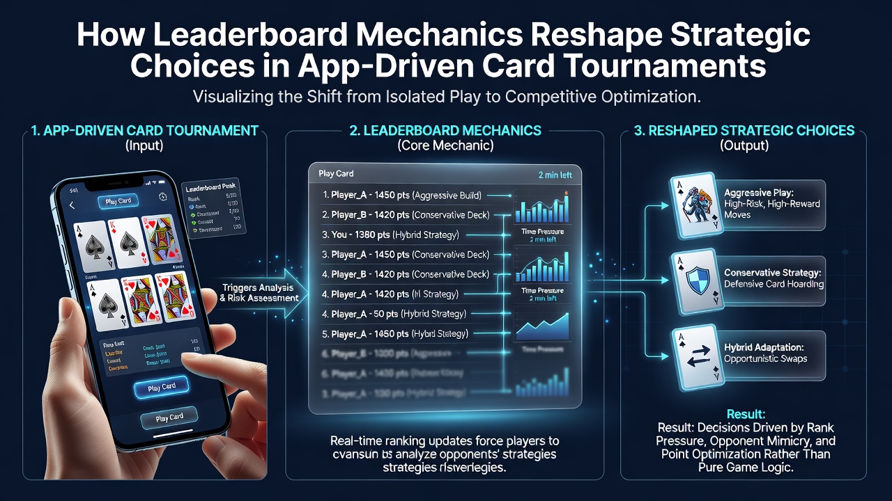 Close-up view of tournament participants analyzing app leaderboard statistics on tablets during a live card event