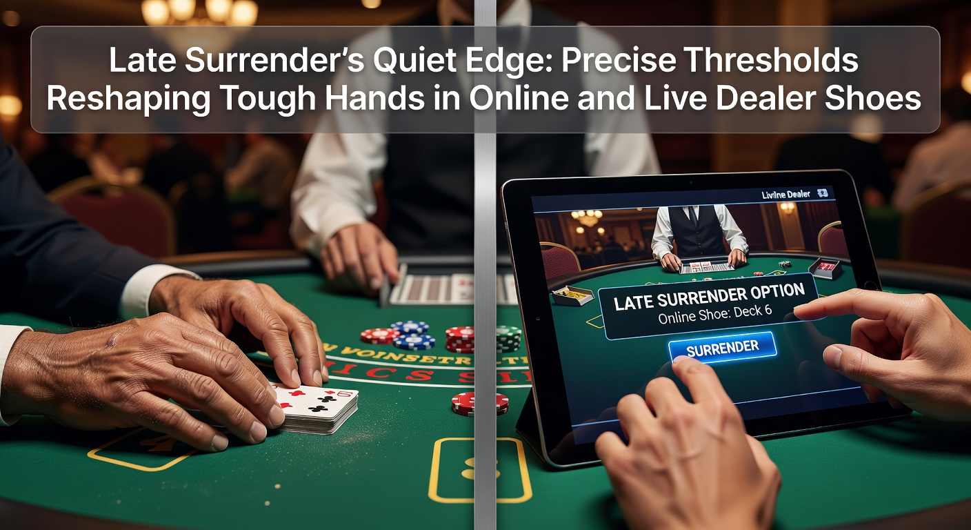 Close-up of a blackjack table in a live dealer stream, highlighting the late surrender button glowing amid tense player decisions on stiff hands