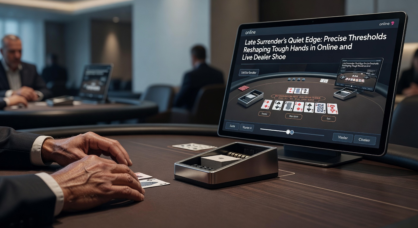 Digital blackjack interface on a tablet, displaying surrender threshold chart overlaid on a tough 16 against dealer 10 in a live dealer shoe