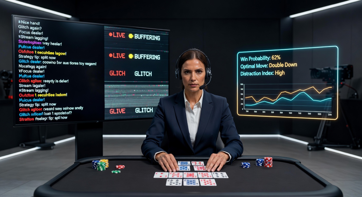 Player focused at a multi-monitor setup, strategy chart visible beside a glitched live dealer feed