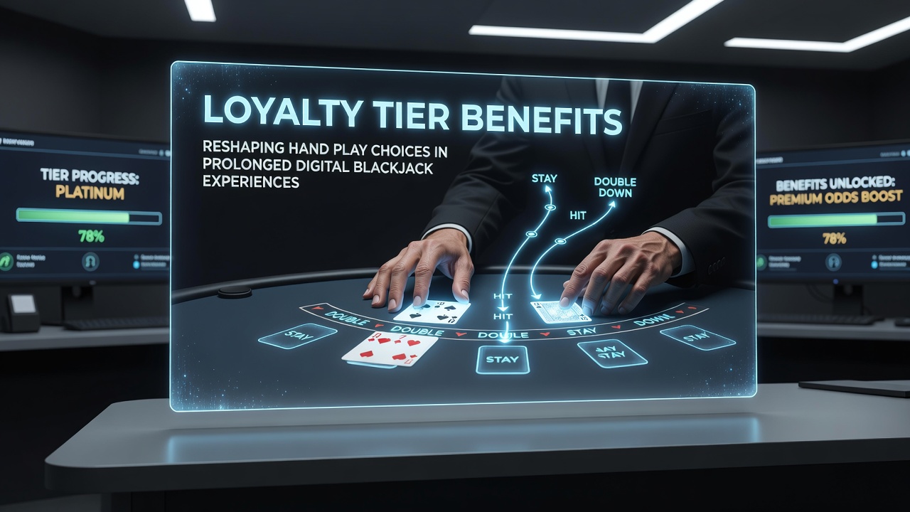 Digital blackjack interface displaying loyalty tier progression and hand selection options during extended play sessions