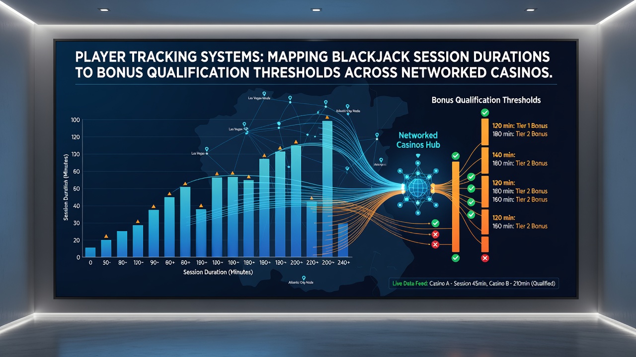 Player tracking interface displaying session duration metrics and bonus thresholds on a casino network dashboard