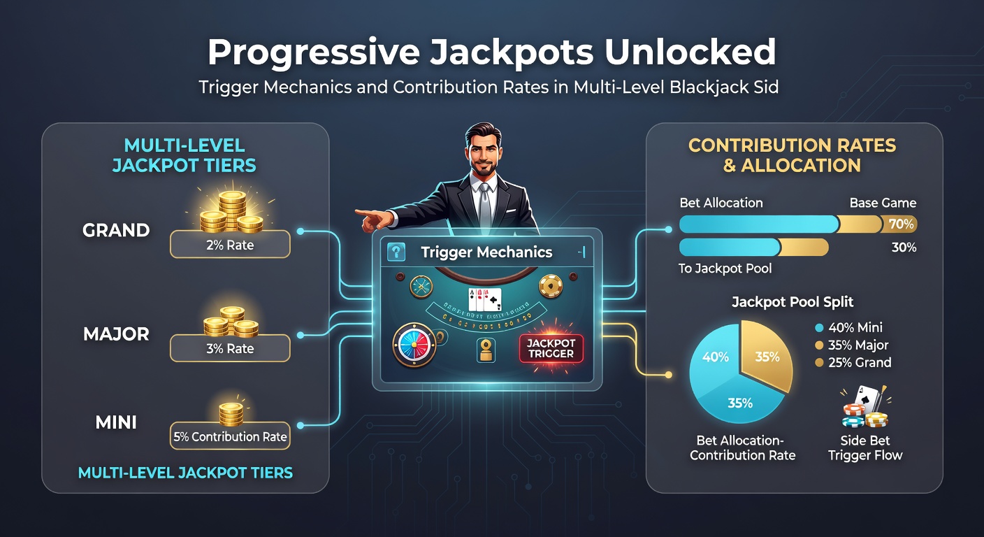 Close-up of a blackjack table interface displaying side bet contribution breakdown, with percentage meters feeding into progressive jackpot pools across four tiers