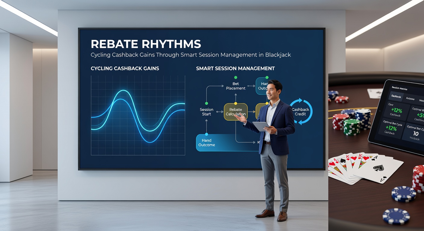 Player at a digital blackjack table reviewing session stats on a tablet, with rebate calculator overlay showing cycling gains