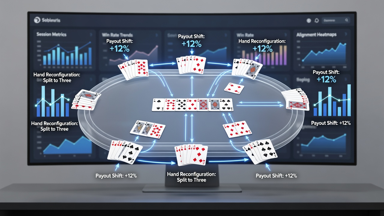 Analytics dashboard showing payout alignment metrics across multiple simultaneous card hands in a mobile gaming application