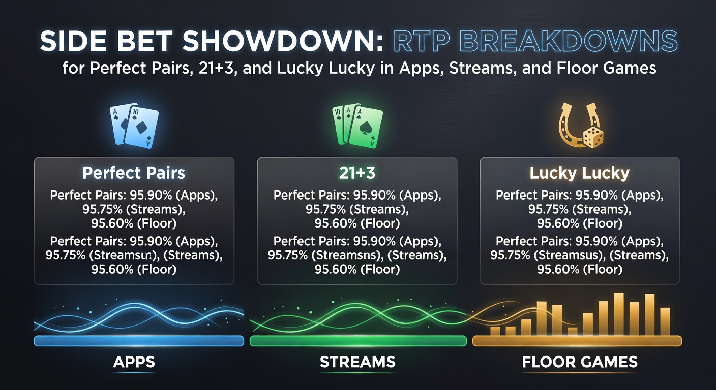 Vibrant blackjack table displaying Perfect Pairs, 21+3, and Lucky Lucky side bet options amid a lively casino floor atmosphere