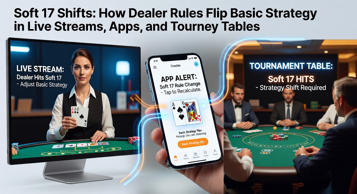 Blackjack table with dealer holding soft 17 hand during a live stream game, highlighting strategy chart adjustments