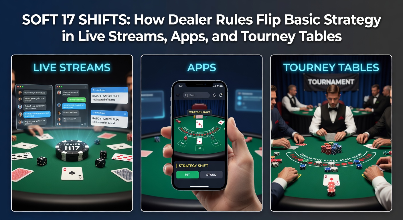 Close-up of a tournament blackjack table showing dealer soft 17 hit, with player strategy deviation highlighted on screen