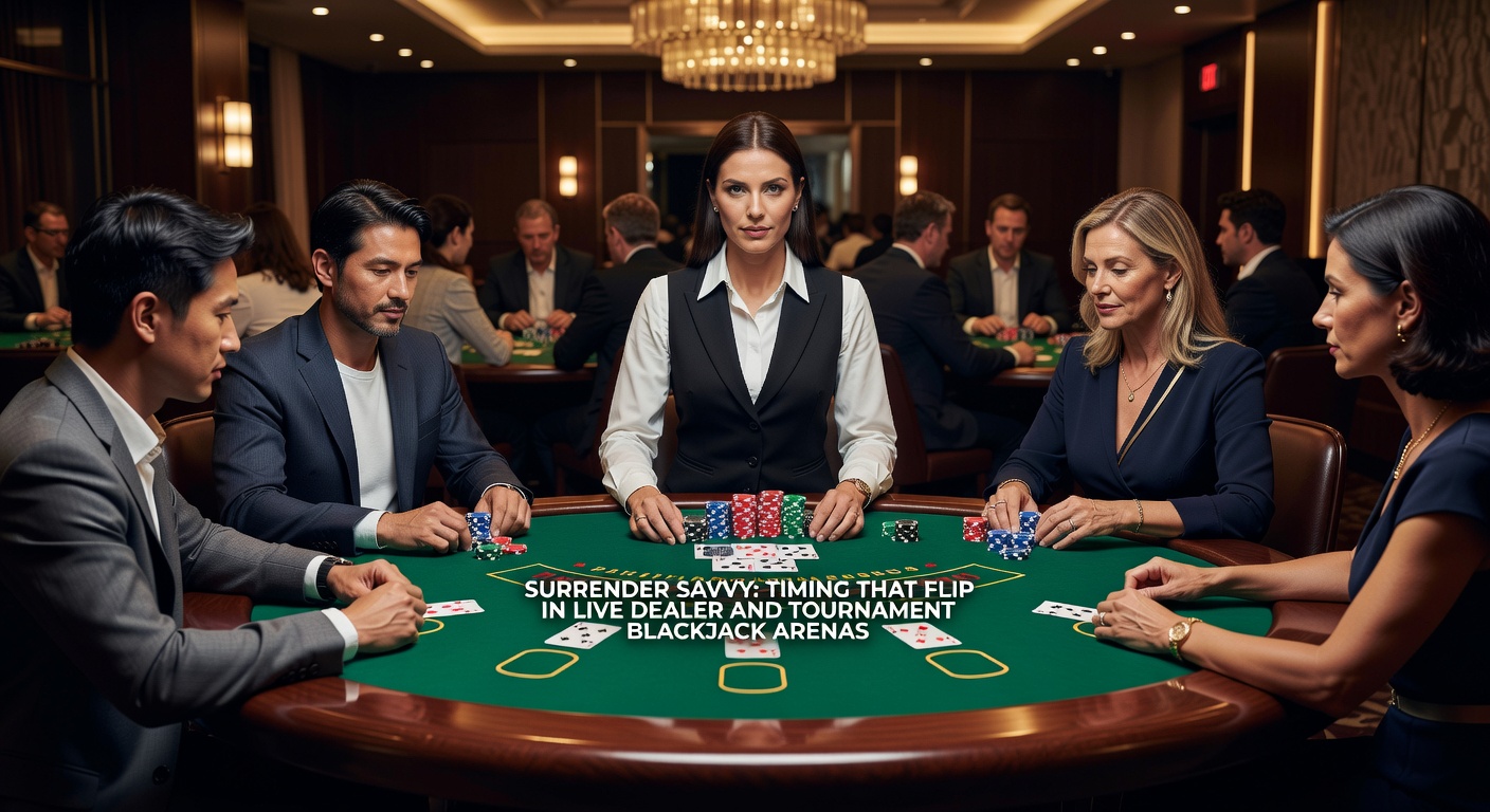 A live dealer blackjack table with players contemplating surrender decisions amid tense tournament action