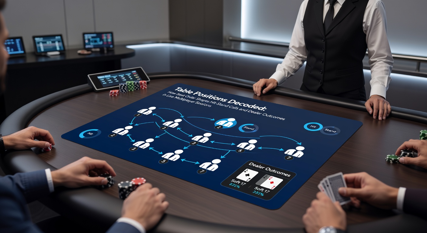 A bustling live blackjack table highlighting seat positions from first base to third base, with players making hit-stand decisions amid dealer actions