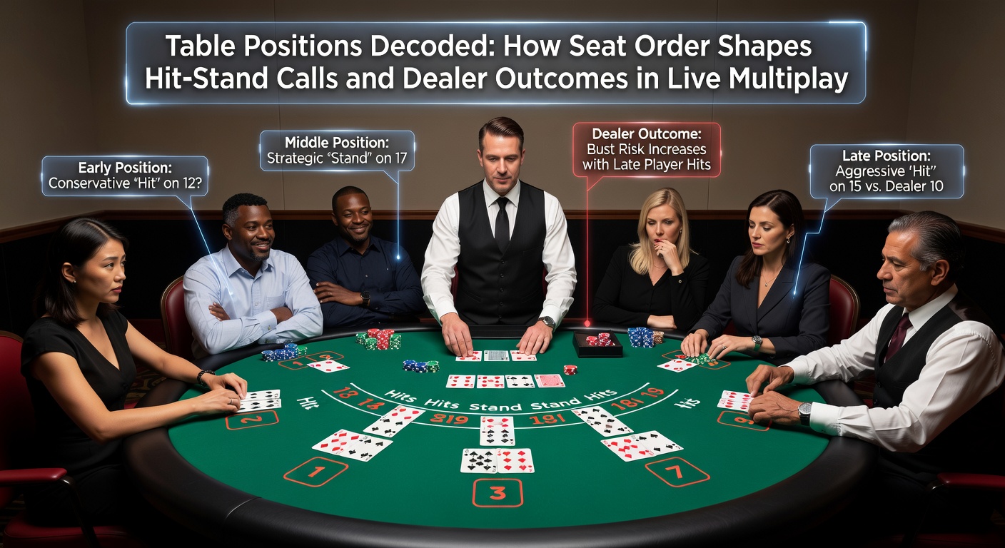 Close-up of third base player deliberating a hit-stand on 16 versus dealer 6, with earlier seats' cards visible in a live multiplayer blackjack session