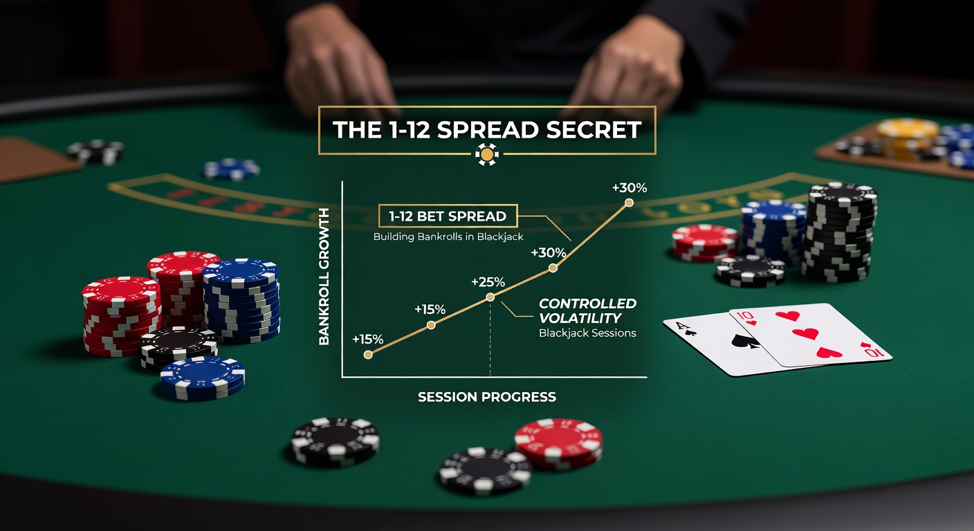 Chart illustrating bankroll growth curves for various blackjack bet spreads, highlighting the steady climb of the 1-12 spread amid volatile swings of wider spreads
