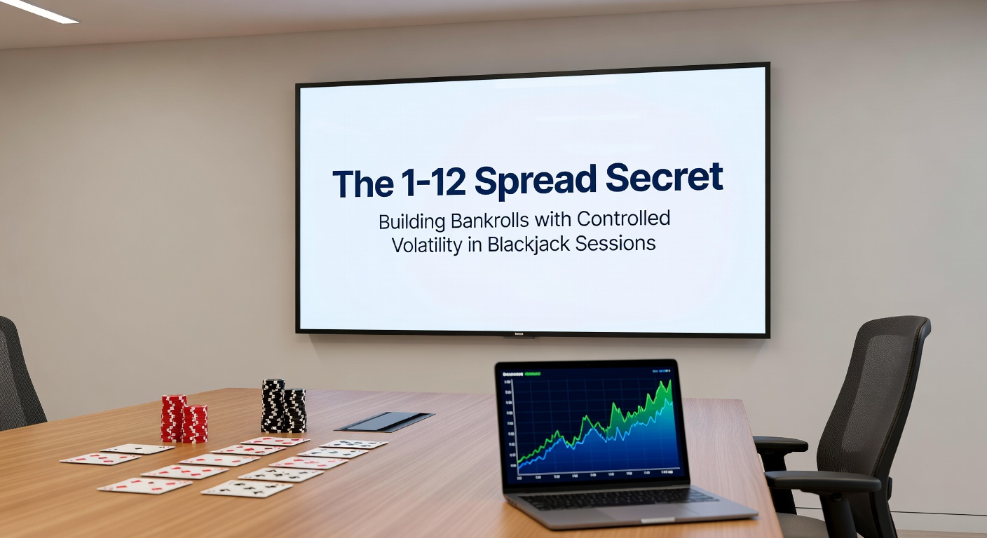 Simulation graph comparing risk of ruin percentages across blackjack spreads, with the 1-12 line showing the lowest curve over extended session lengths