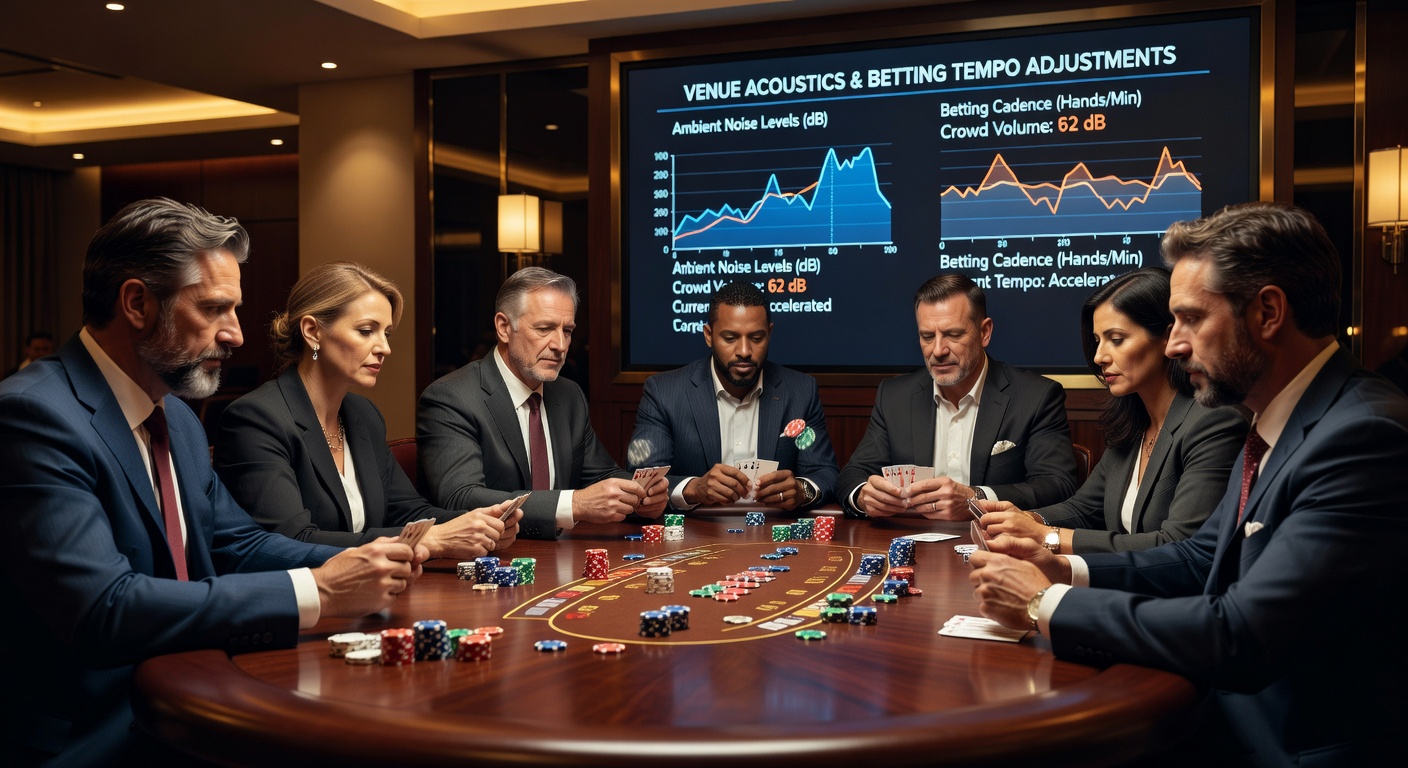 Card table in a bustling casino environment showing players placing bets while surrounded by layered ambient sounds and lighting