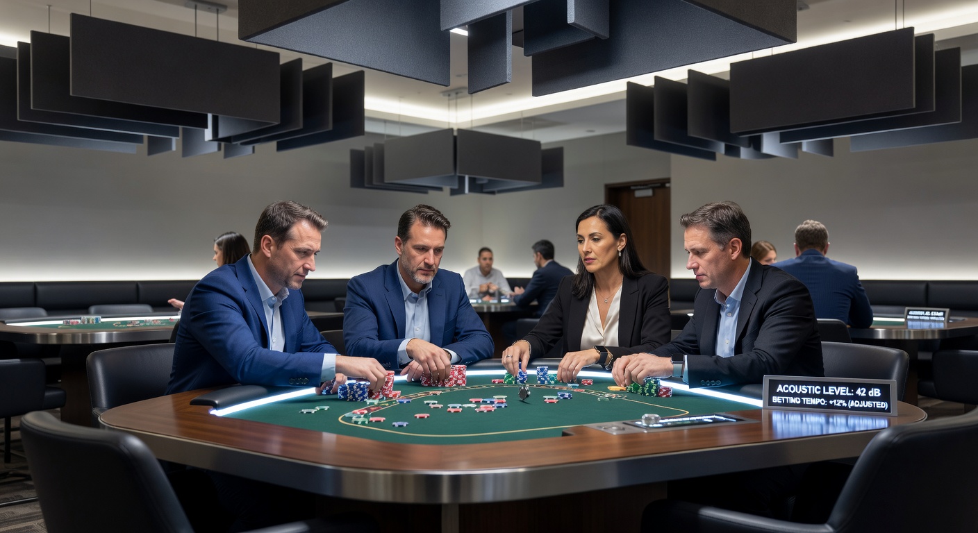 Close-up view of a card table surface with chips and cards arranged as players respond to surrounding acoustic conditions
