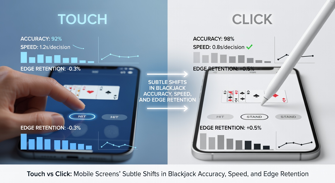 Split-screen comparison: desktop mouse cursor precisely clicking a blackjack strategy button versus a mobile finger hovering uncertainly over clustered touch targets