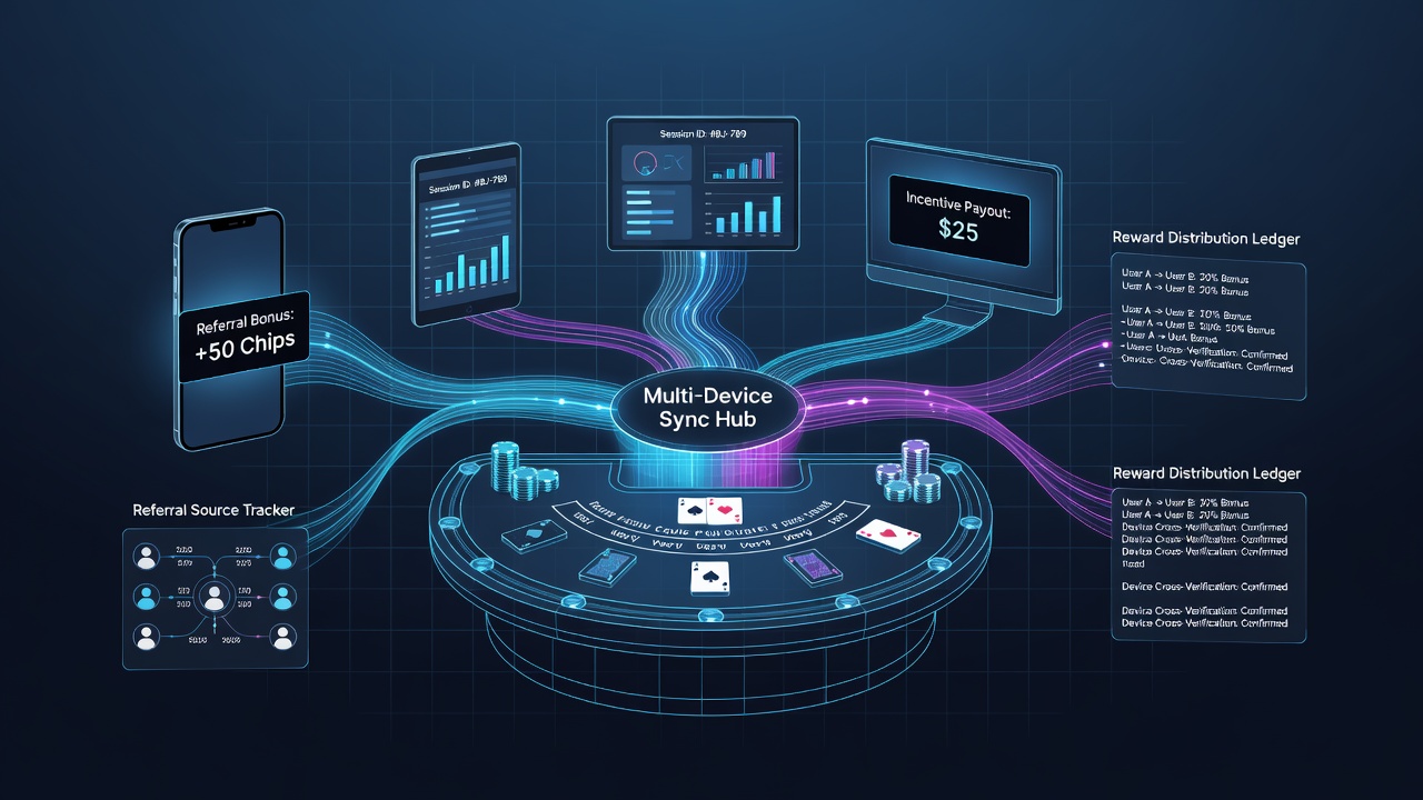 Diagram showing referral incentive tracking across desktop, mobile, and tablet devices in blackjack platforms
