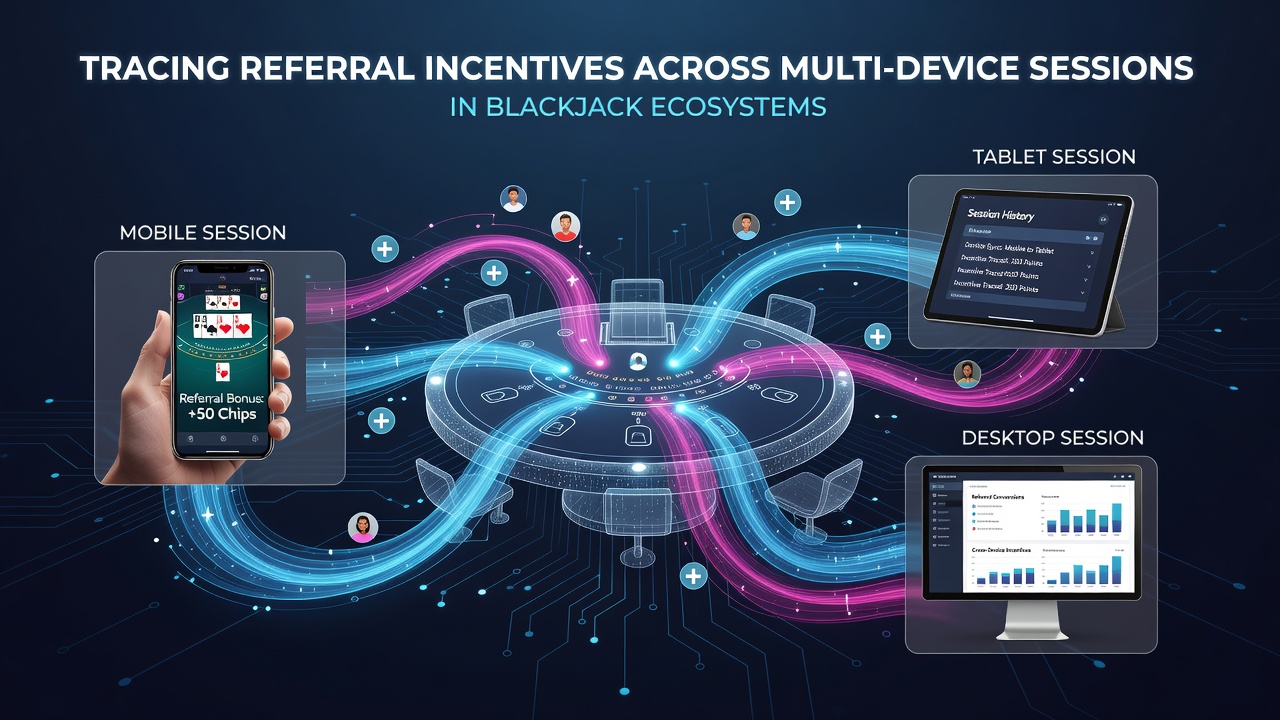 Flowchart illustrating how referral codes link across multiple blackjack sessions on different devices
