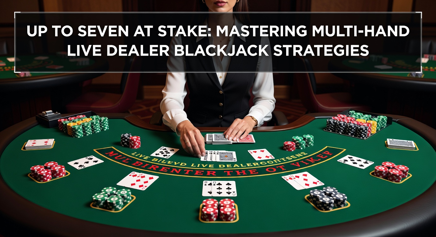 A player at a live dealer table juggling multiple blackjack hands simultaneously, screens showing up to seven betting spots active