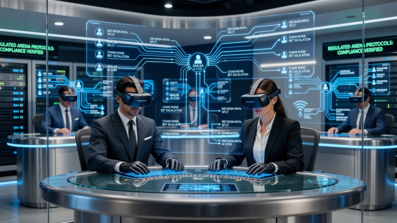 Virtual reality interface showing overlaid decision prompts during a multi-player online blackjack session