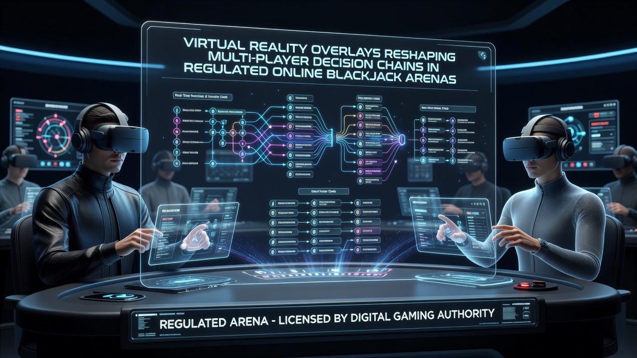 Close-up view of VR blackjack table with decision chain overlays highlighting player positions and bet limits